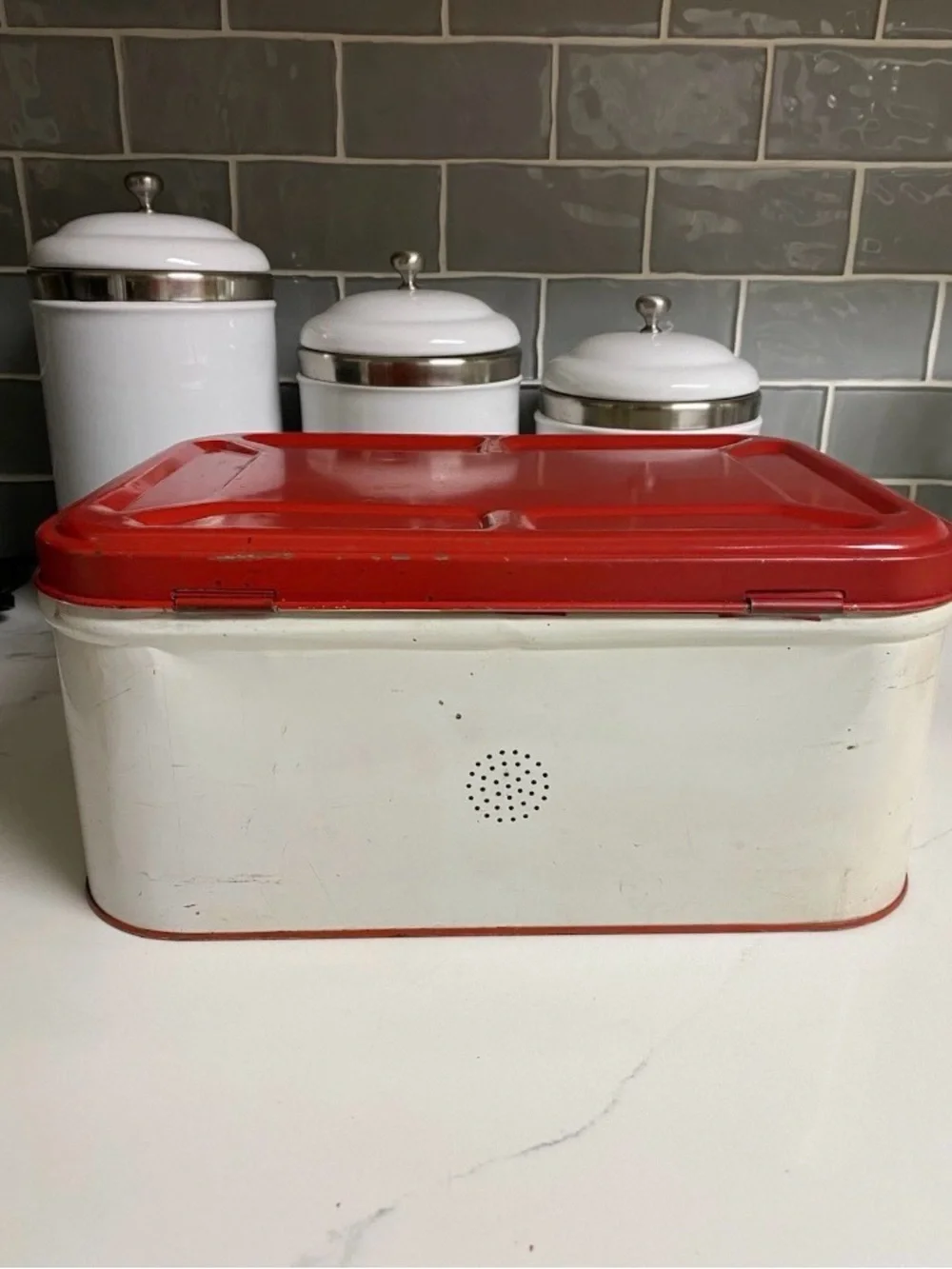 Vintage Strawberry Shabby Chic Hinged Red Metal Bread Box & Canister Set